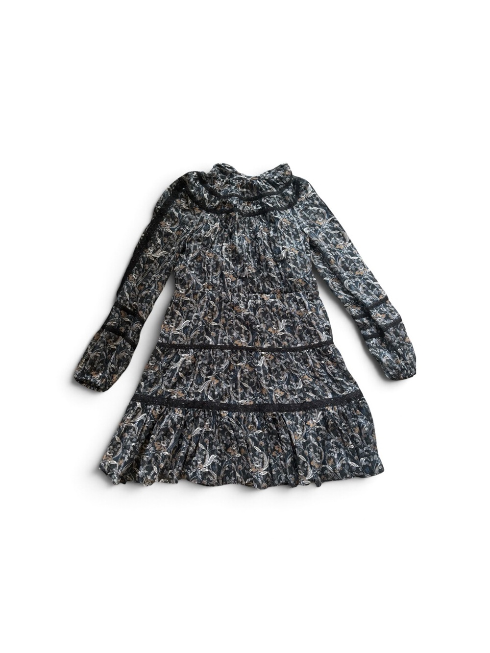Veronica Beard Dark Floral Tiered Ruffle Mini Dress Long Sleeve Metallic Size2